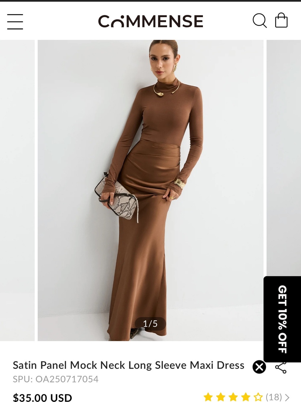 Commense Brown Satin-Panel Mock Neck Long Sleeve Maxi Dress